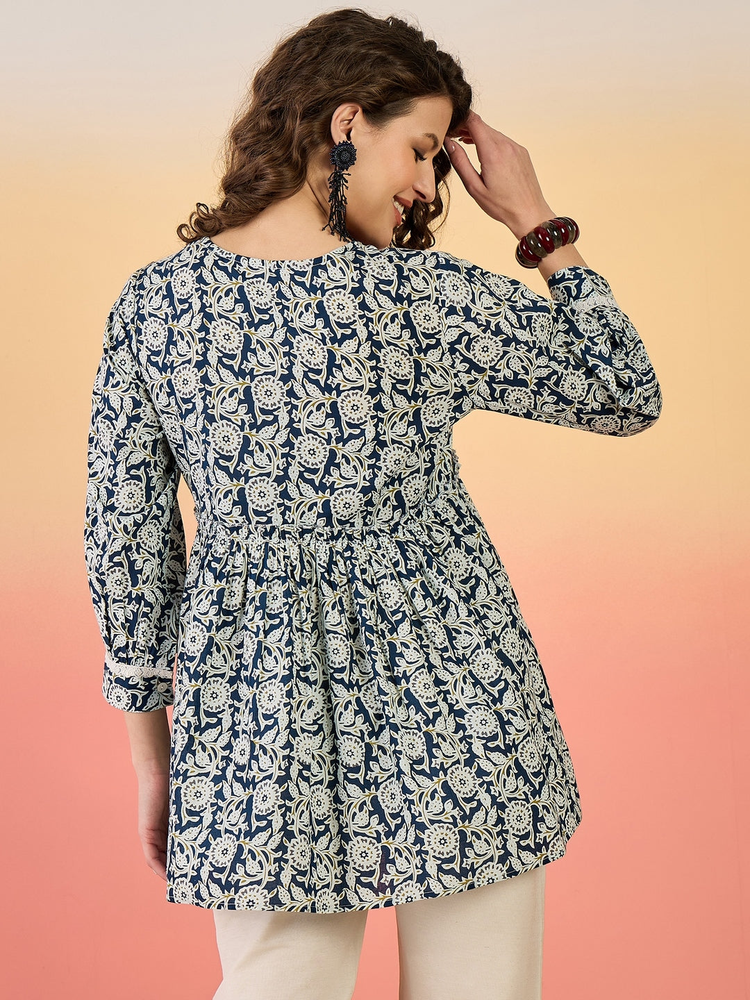 Blue Floral Printed Cotton Top