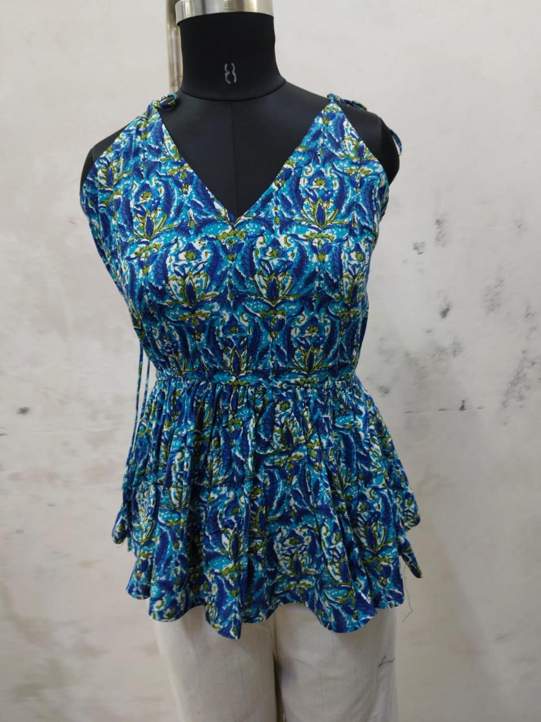 Blue Printed Rayon Short Peplum Top