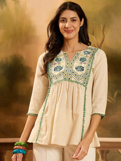 Cream Solid & Embroidered Cotton Flex Empire Top