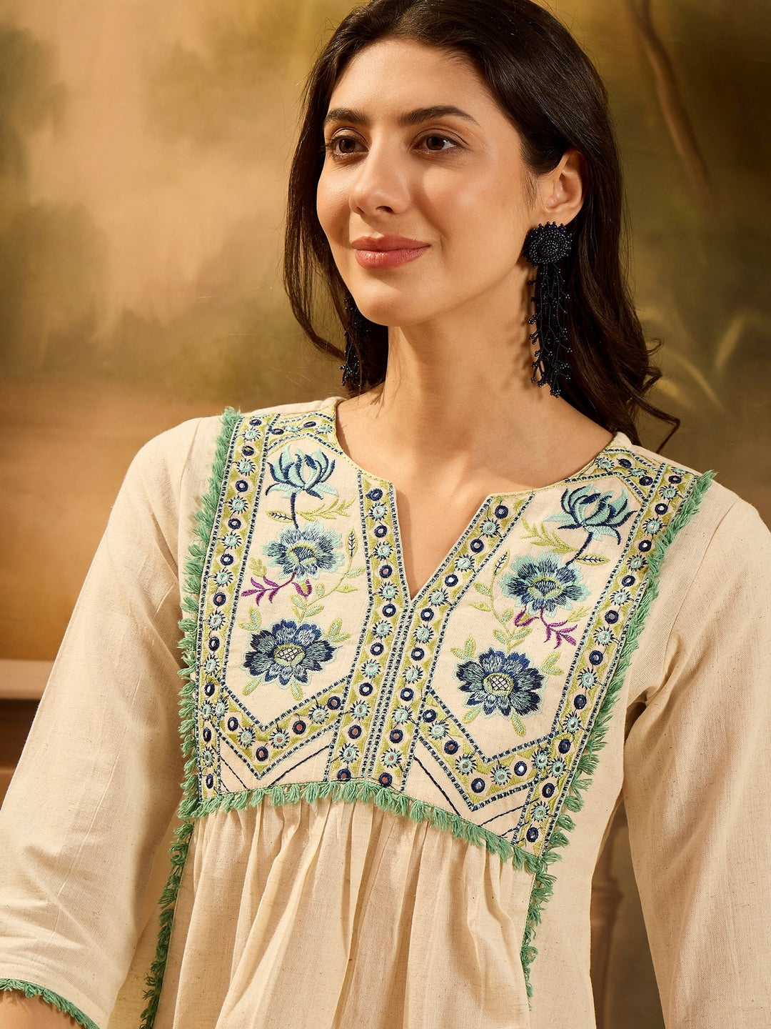 Cream Solid & Embroidered Cotton Flex Empire Top