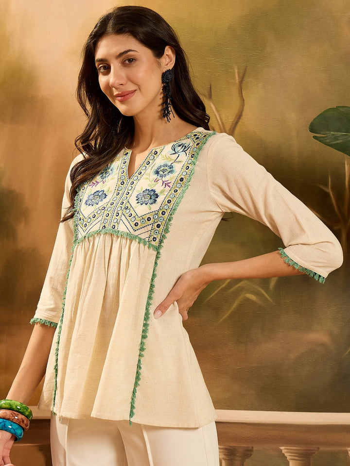 Cream Solid &amp; Embroidered Cotton Flex Empire Top