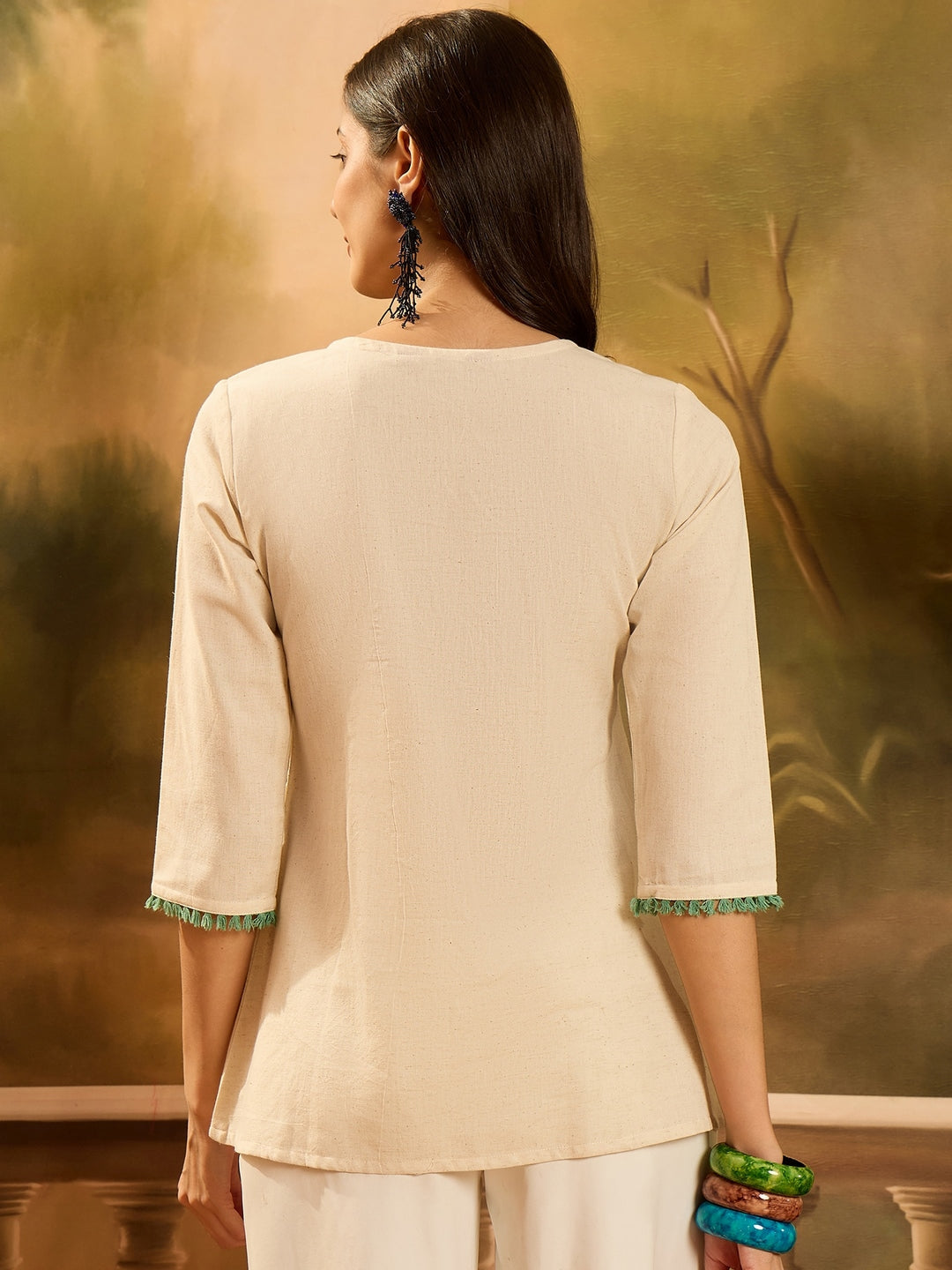 Cream Solid &amp; Embroidered Cotton Flex Empire Top