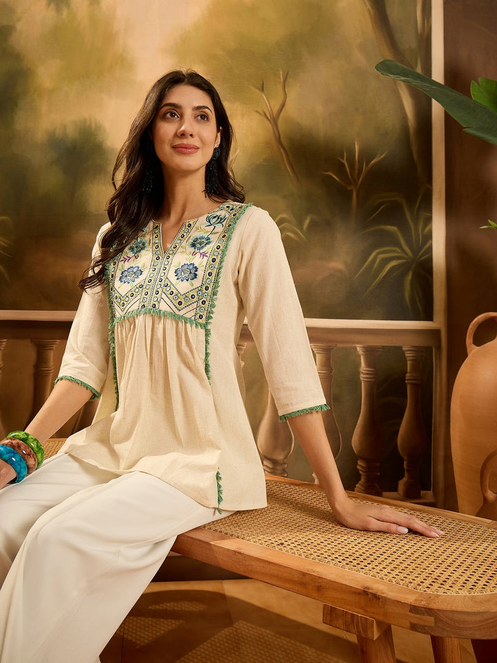 Cream Solid &amp; Embroidered Cotton Flex Empire Top