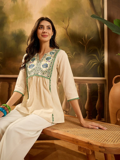 Cream Solid & Embroidered Cotton Flex Empire Top (Pre-Order)