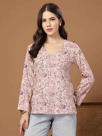 Women's Cream Floral Printed Cotton Straight Top