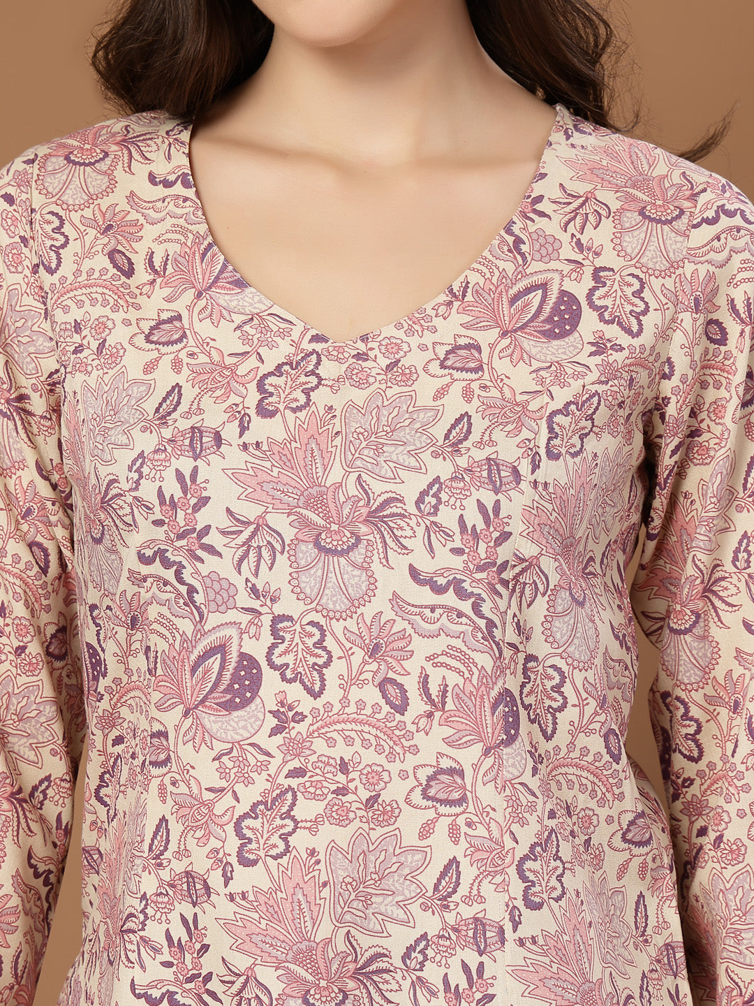 Women's Cream Floral Printed Cotton Straight Top