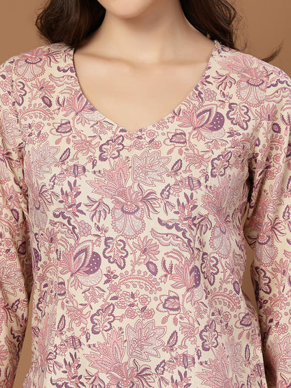 Women's Cream Floral Printed Cotton Straight Top