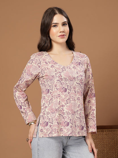 Women's Cream Floral Printed Cotton Straight Top