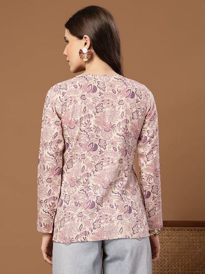 Women's Cream Floral Printed Cotton Straight Top
