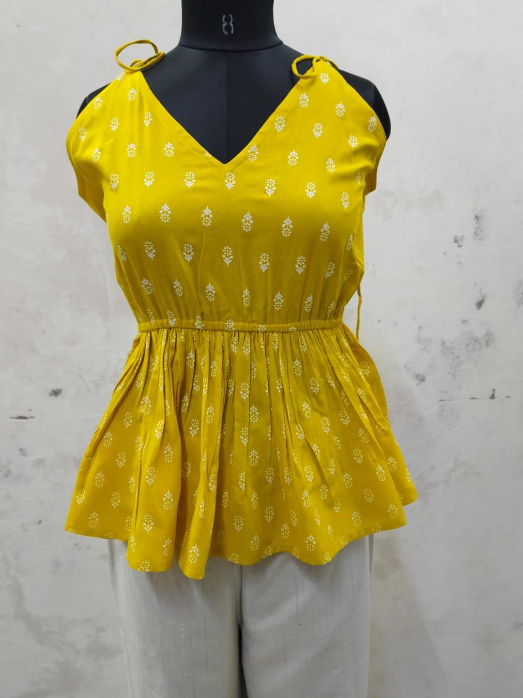Mustard Printed Rayon Short Peplum Top