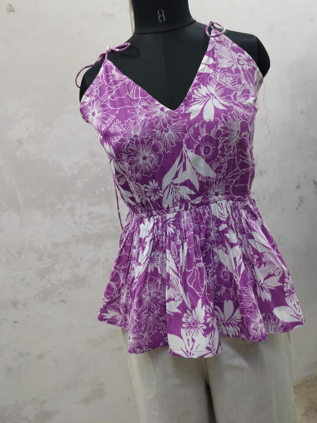 Purple Tropical Printed Cotton Short Peplum Top