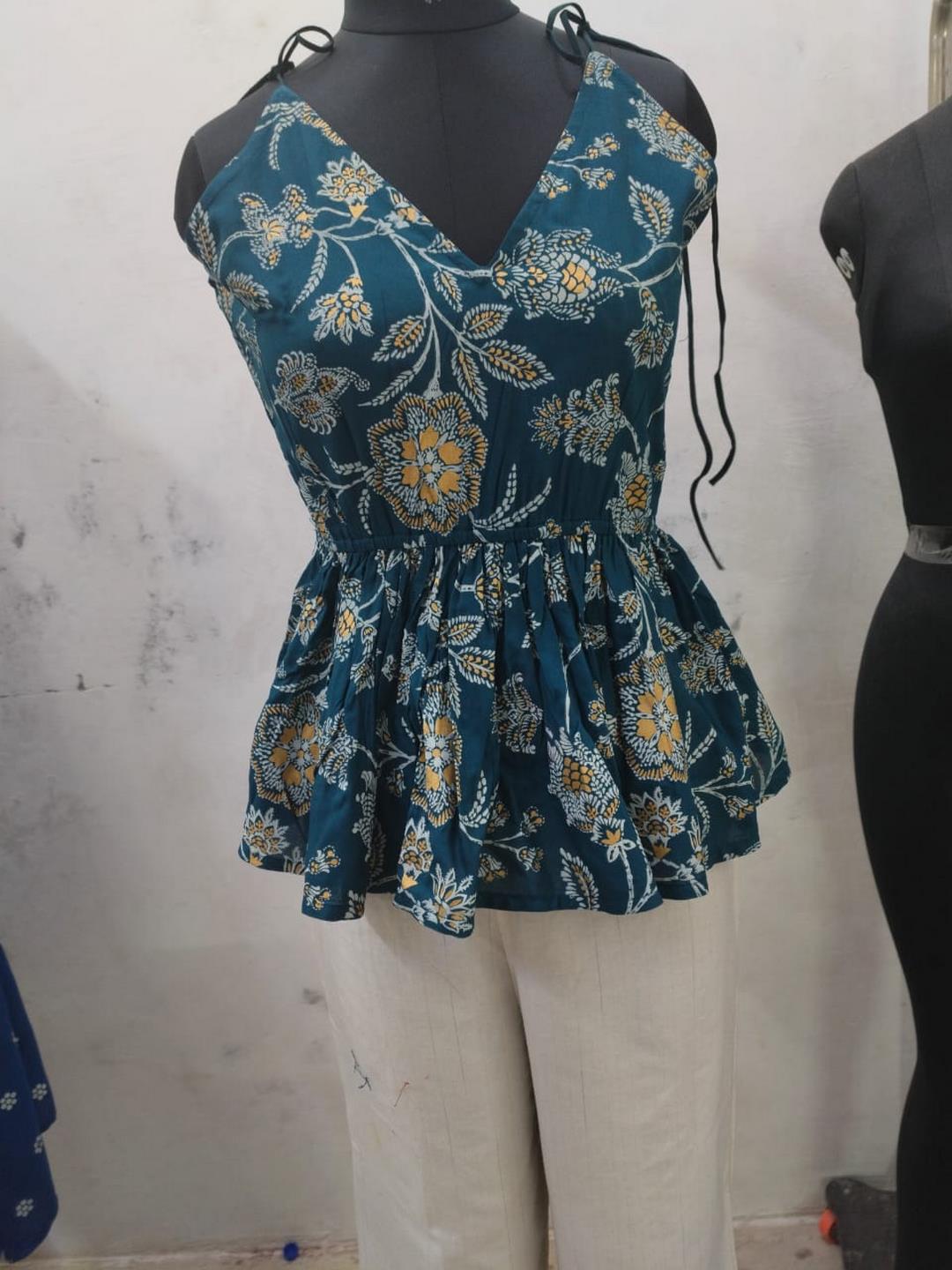 Teal Floral Print Rayon Short Peplum Top