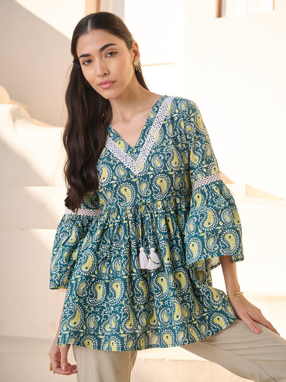 Green Paisley Printed Cotton Empire Top