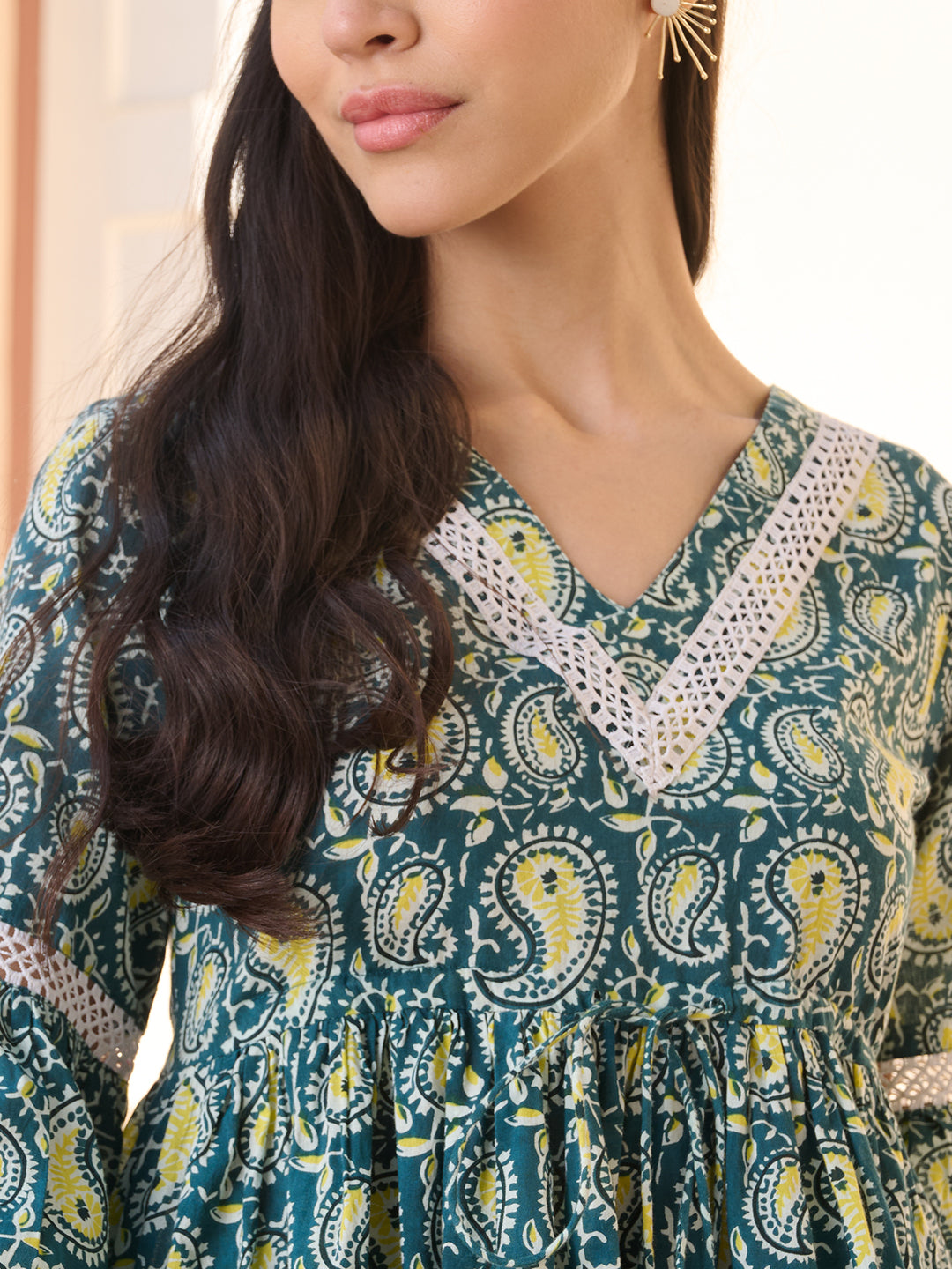 Green Paisley Printed Cotton Empire Top