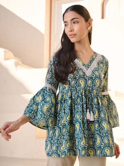 Green Paisley Printed Cotton Empire Top