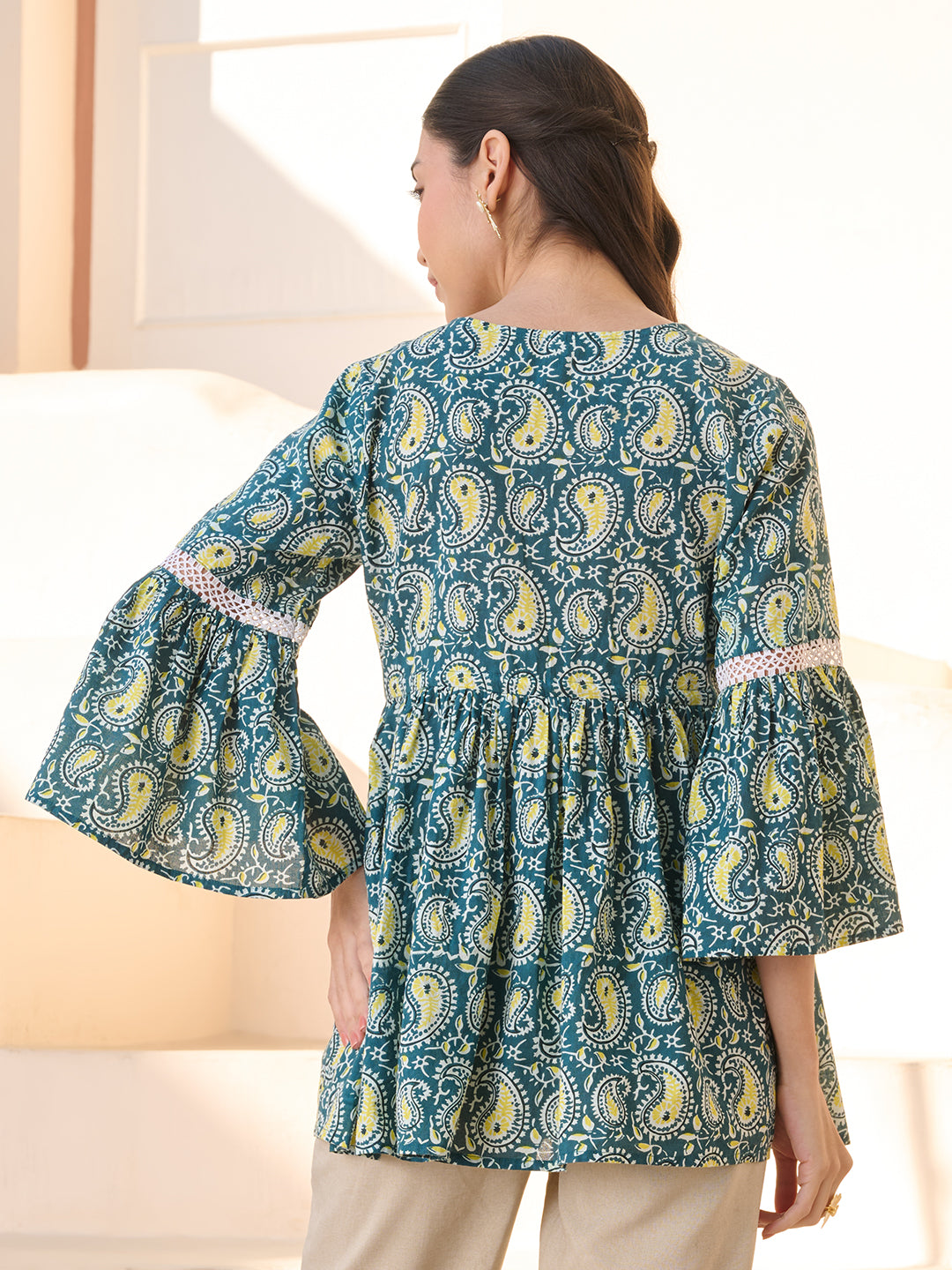 Green Paisley Printed Cotton Empire Top