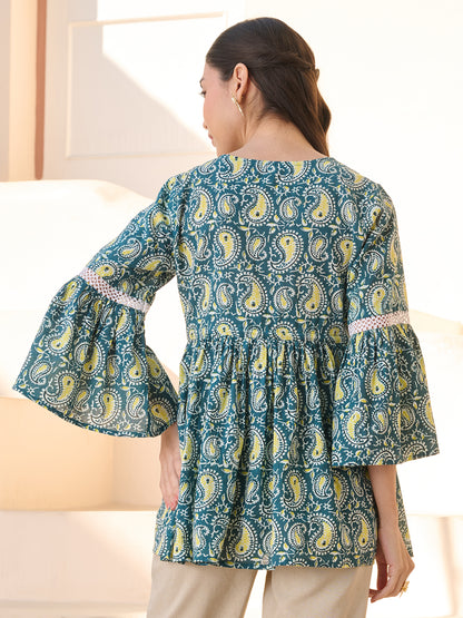 Green Paisley Printed Cotton Empire Top