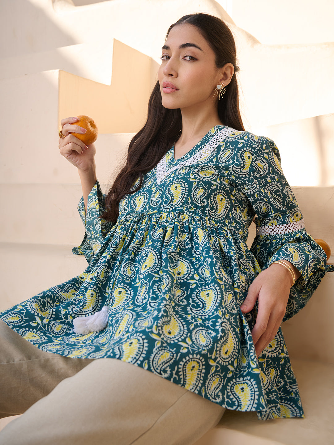 Green Paisley Printed Cotton Empire Top (Pre-Order)