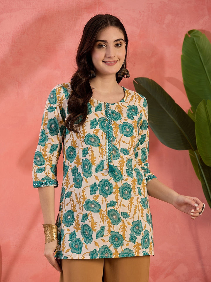 Green Floral Printed Cotton Top
