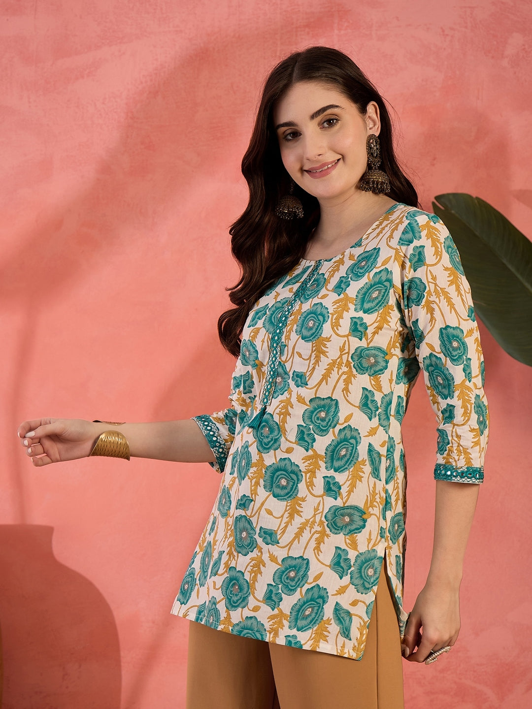 Green Floral Printed Cotton Top