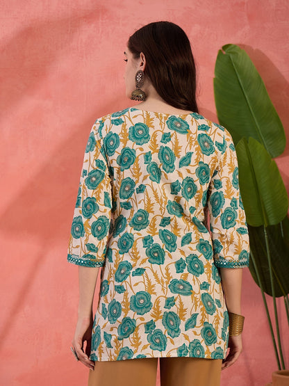 Green Floral Printed Cotton Top