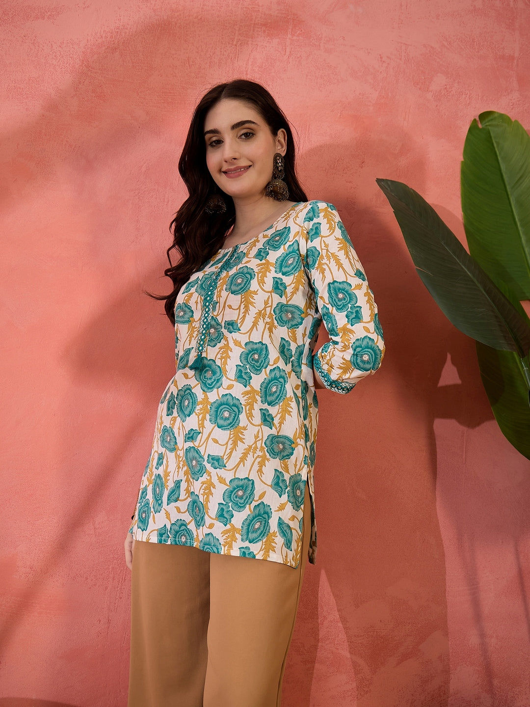 Green Floral Printed Cotton Top