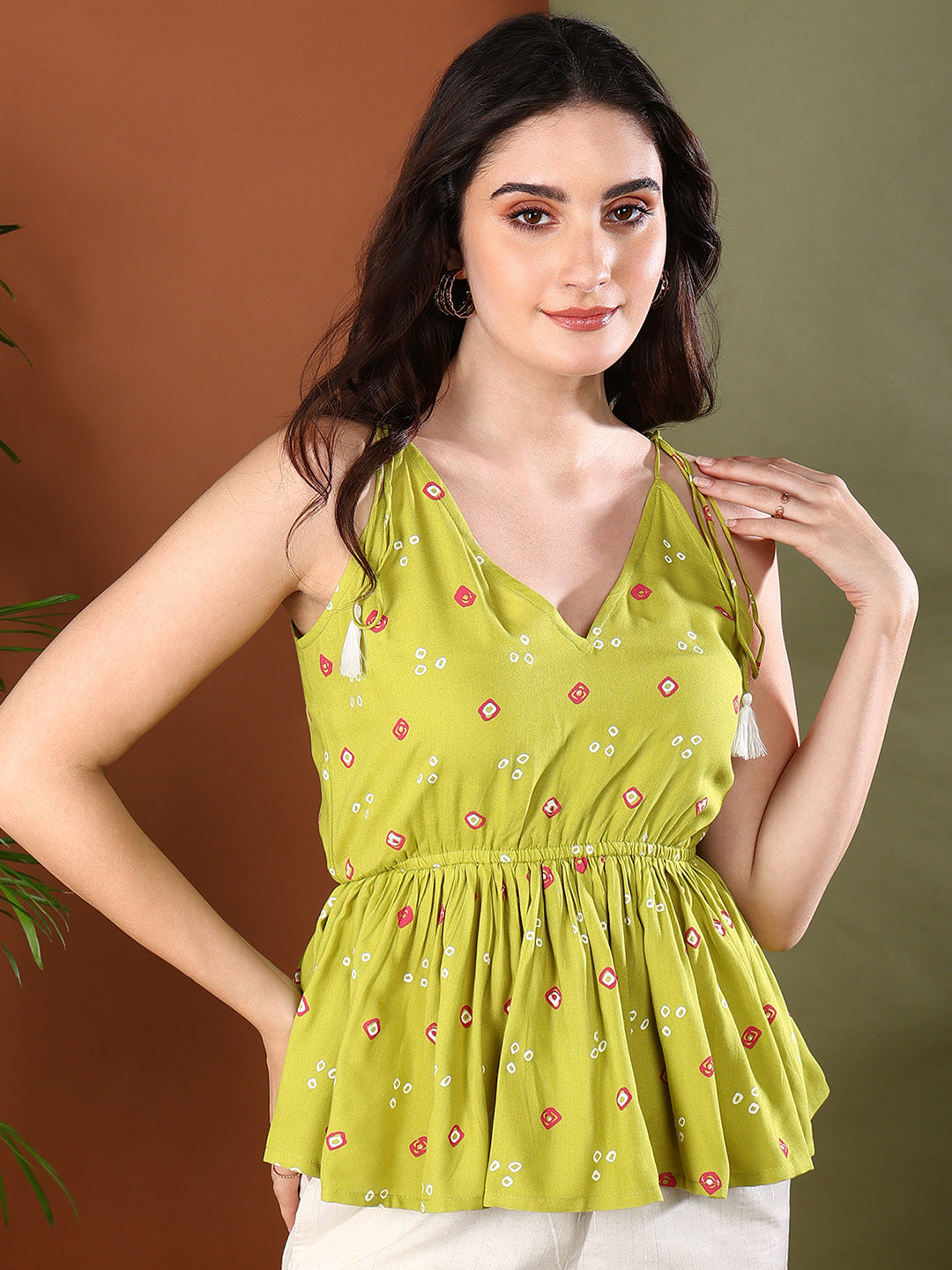 Green Bandhej Printed Rayon Short Peplum Top (Pre-Order)