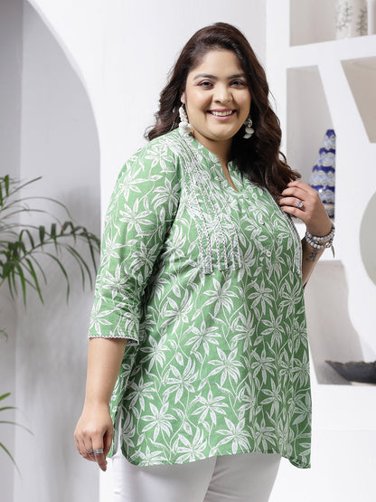 Plus Size Tropical Printed Cotton Empire Top