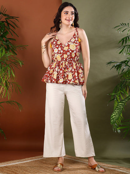 Rust Floral Printed Cotton Short Peplum Top (Pre-Order)