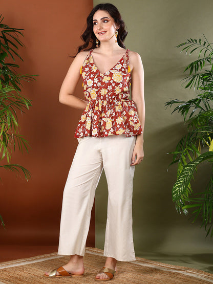 Rust Floral Printed Cotton Short Peplum Top (Pre-Order)