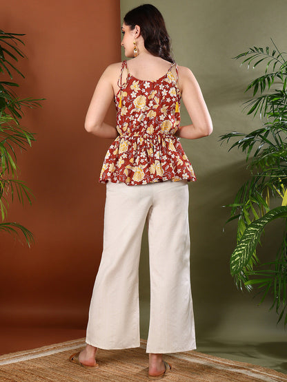 Rust Floral Printed Cotton Short Peplum Top (Pre-Order)