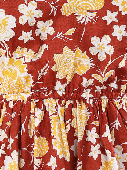 Rust Floral Printed Cotton Short Peplum Top (Pre-Order)