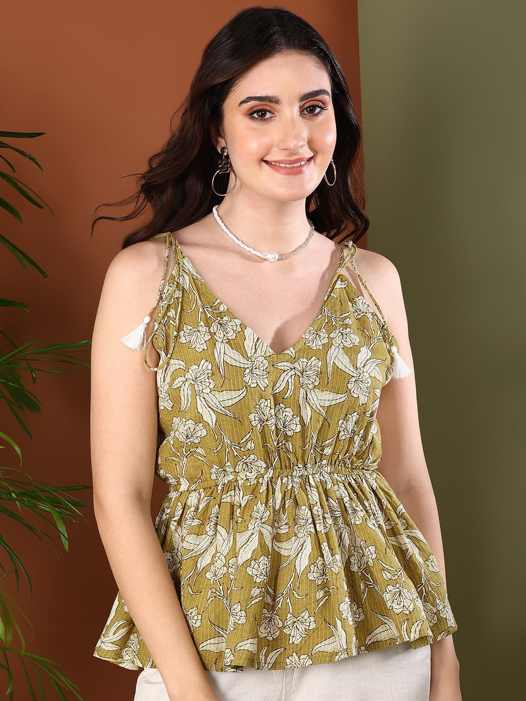 Green Floral Printed Cotton Short Peplum Top