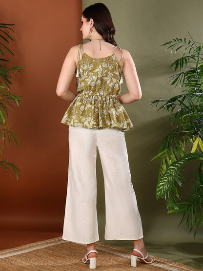 Green Floral Printed Cotton Short Peplum Top (Pre-Order)