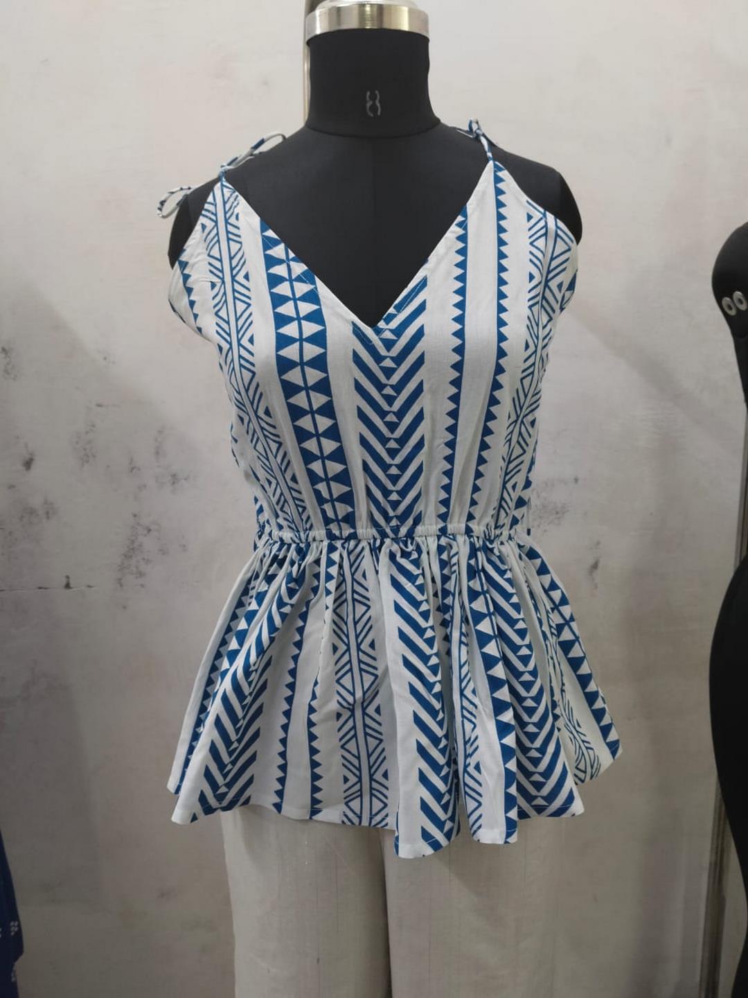 Blue Printed Rayon Short Peplum Top (Pre-Order)