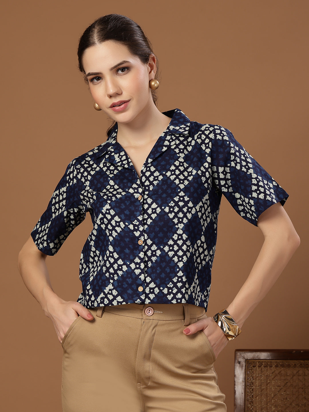 Women's Indigo Dabu Printed Cotton Crop Top