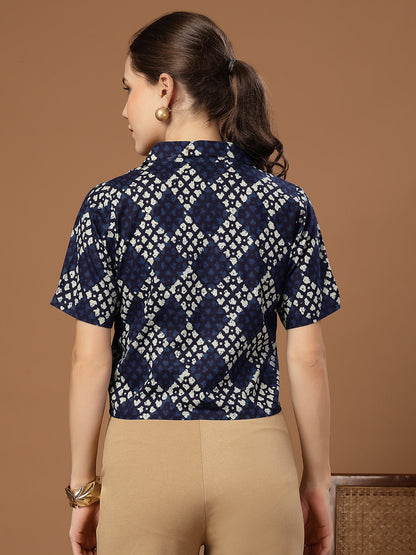 Women's Indigo Dabu Printed Cotton Crop Top