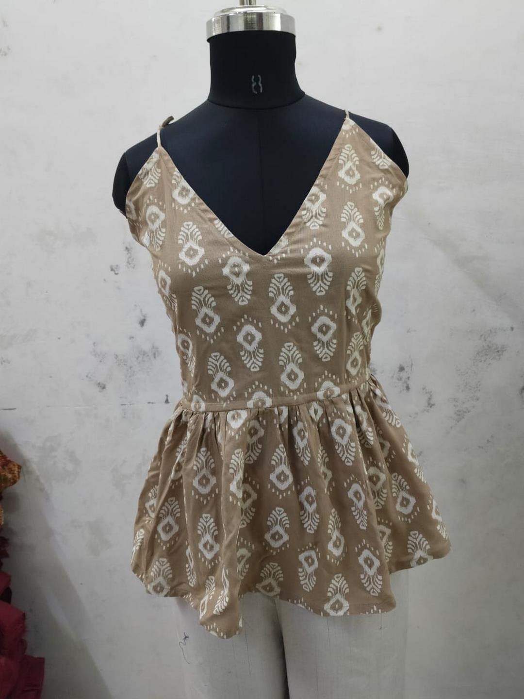 Beige Printed Rayon Short Peplum Top (Pre-Order)