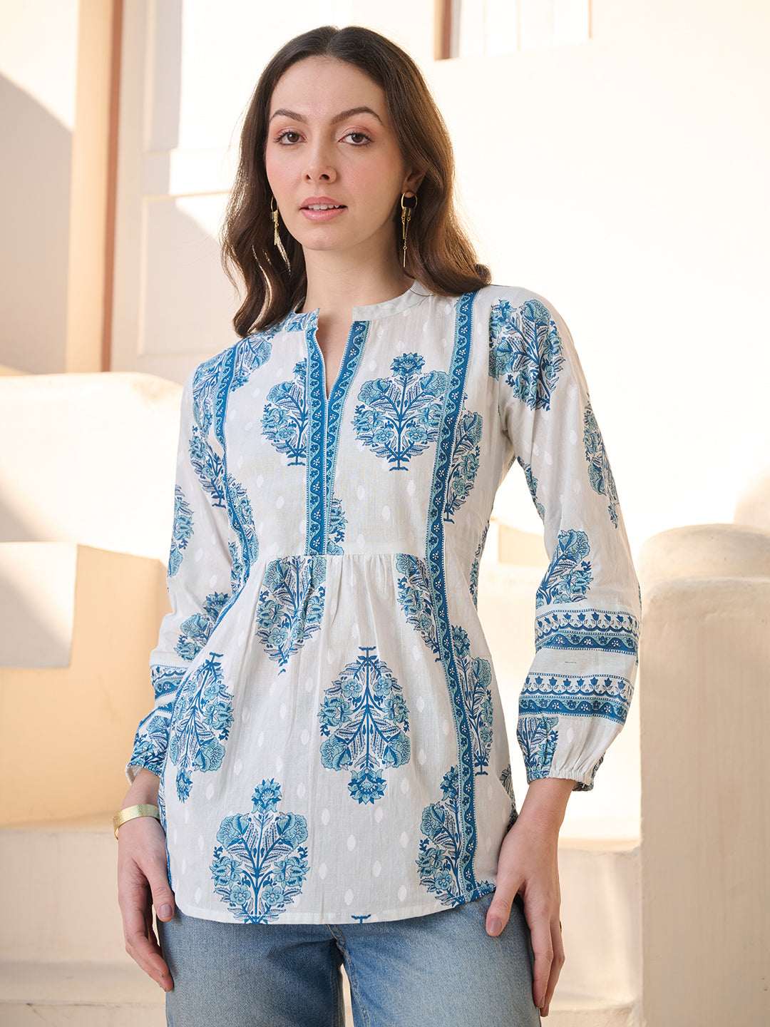 Blue Ethnic Buta Printed Cotton Top