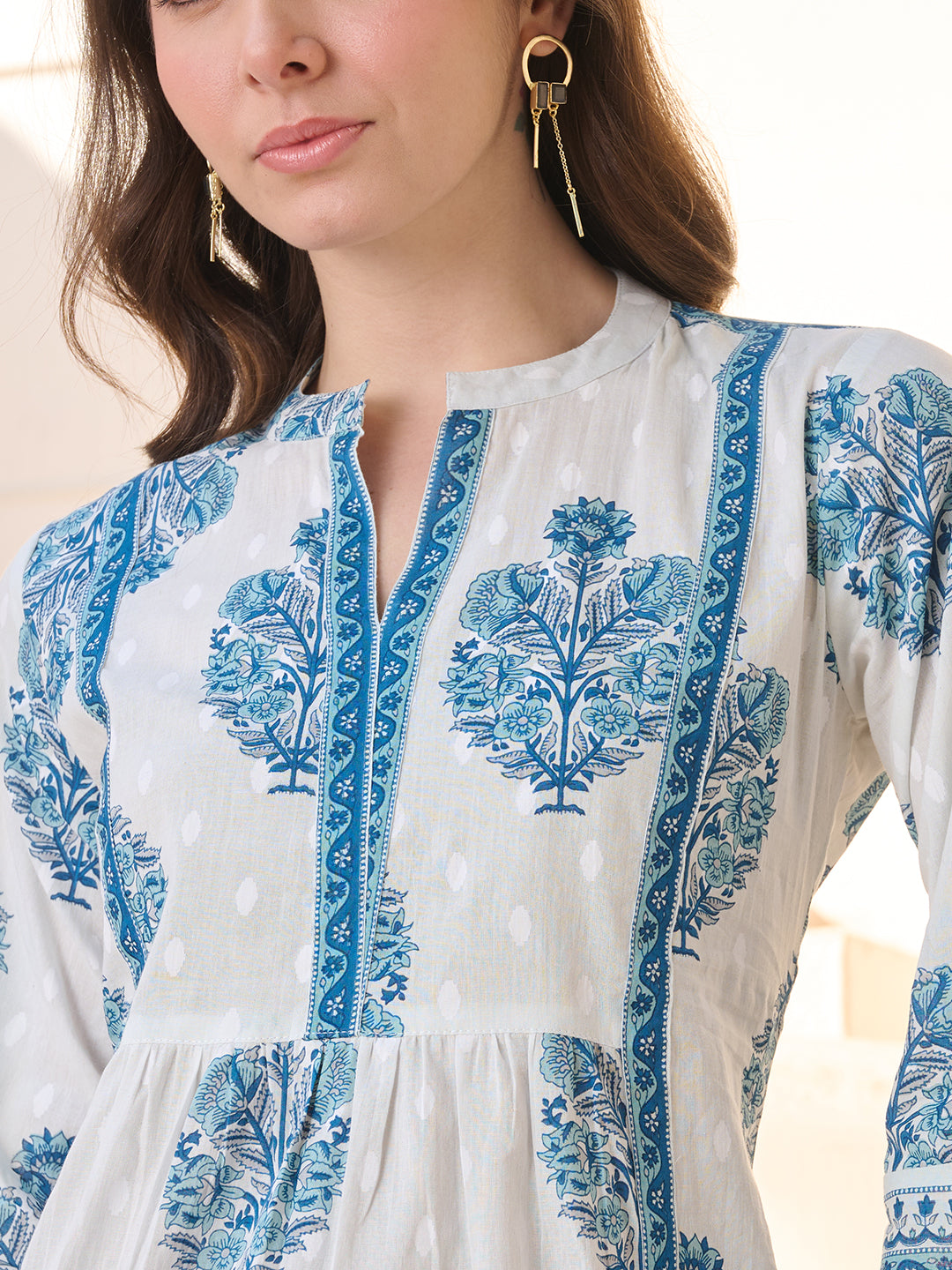 Blue Ethnic Buta Printed Cotton Top (Pre-Order)