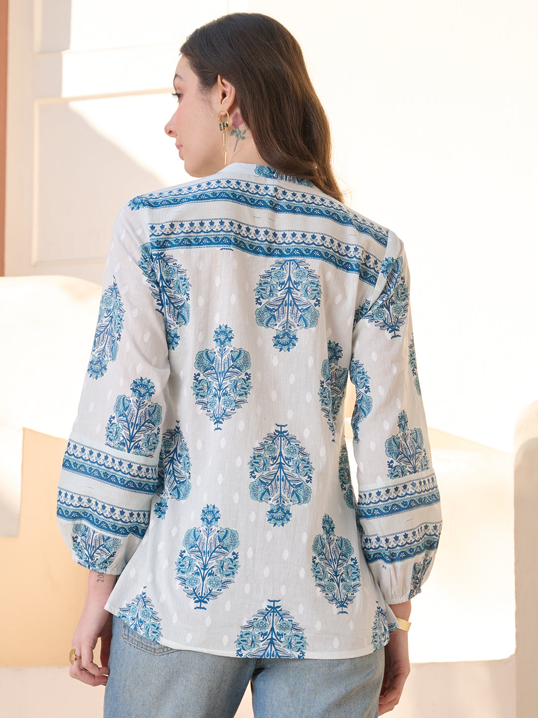Blue Ethnic Buta Printed Cotton Top (Pre-Order)