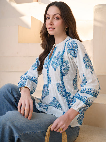 Blue Ethnic Buta Printed Cotton Top (Pre-Order)