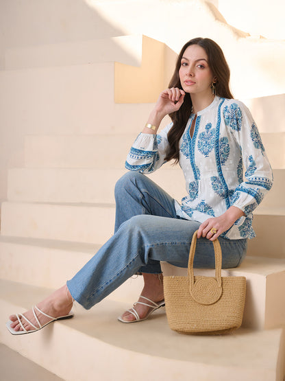 Blue Ethnic Buta Printed Cotton Top (Pre-Order)