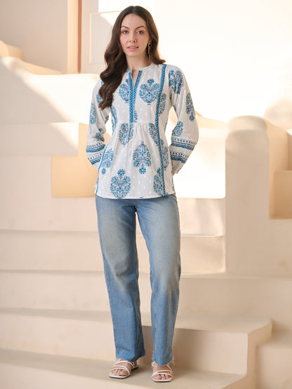 Blue Ethnic Buta Printed Cotton Top