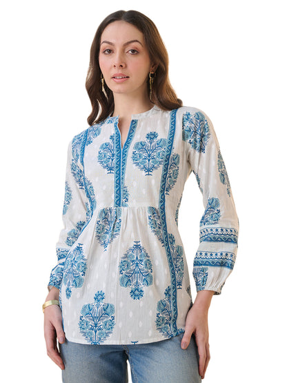 Blue Ethnic Buta Printed Cotton Top (Pre-Order)