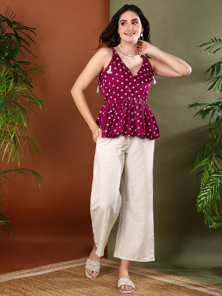 Pink Bandhej Printed Rayon Short Peplum Top