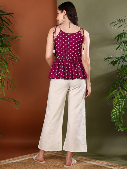 Pink Bandhej Printed Rayon Short Peplum Top (Pre-Order)