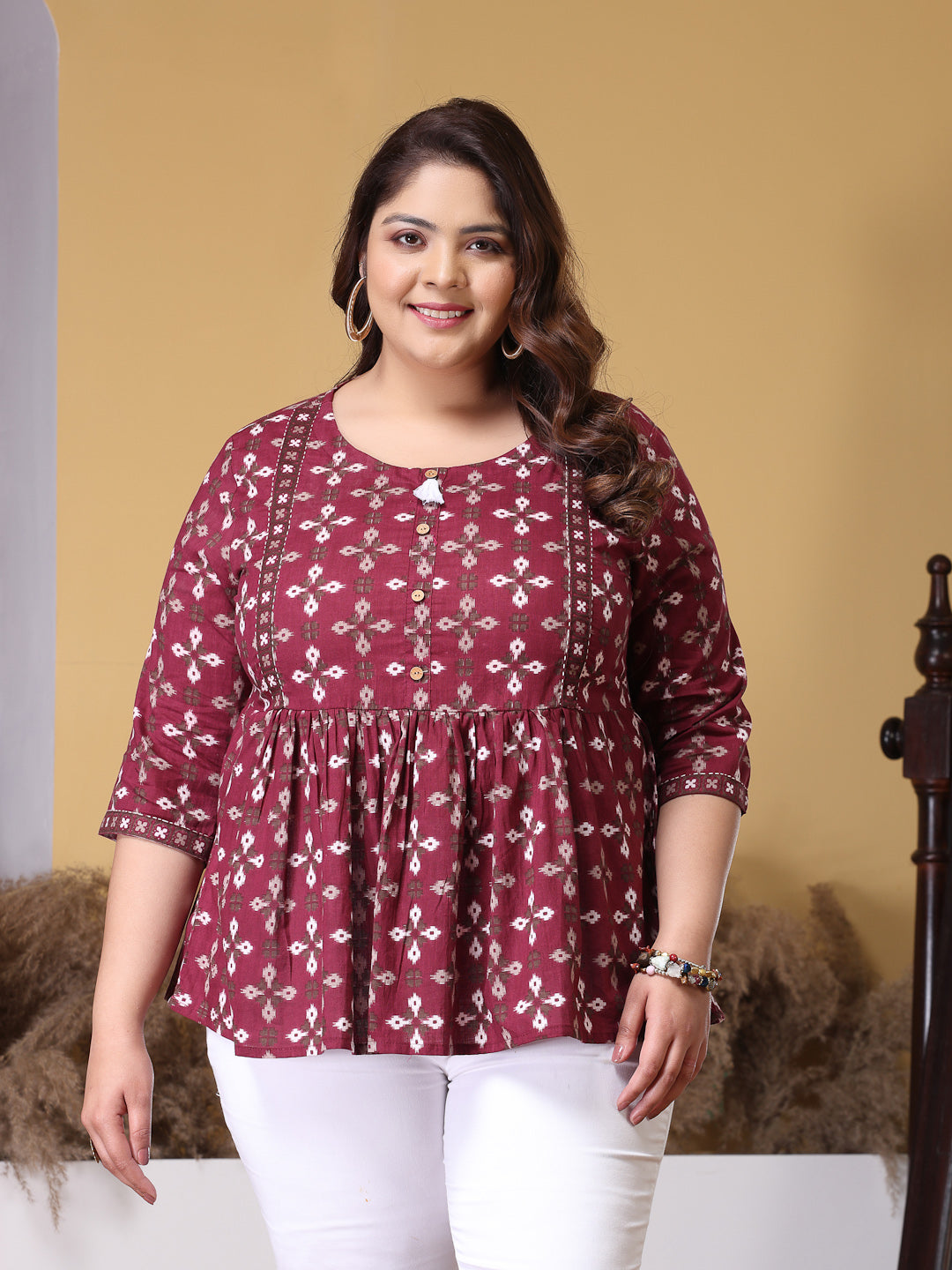 Plus Size Dabu Printed Cotton Peplum Top