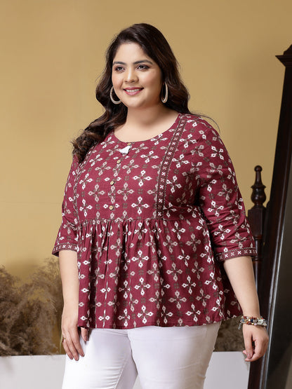 Plus Size Dabu Printed Cotton Peplum Top