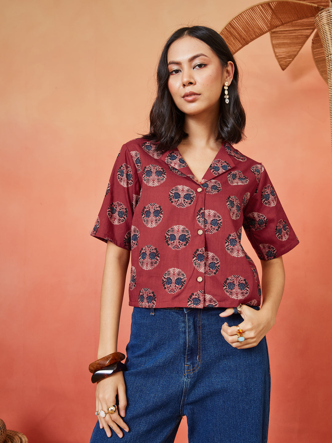 Women's Ethnic Printed Cotton Shirt Style Top